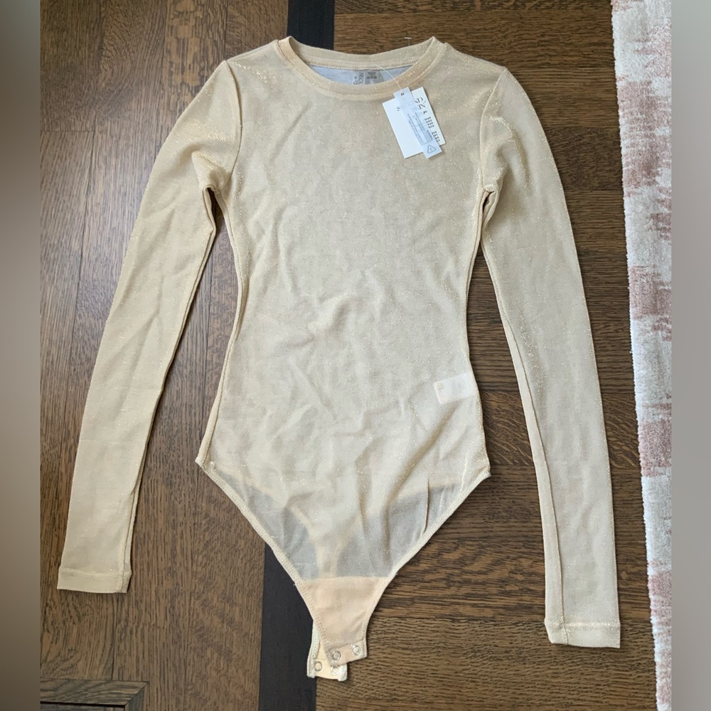 ANTHROPOLOGIE SECOND SKIN Sheer Nude Gold Sheen Bodysuit Women’s Size XS NEW